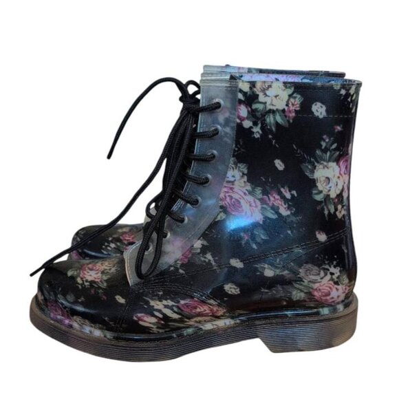 Rain Boots Lace up Black Floral Rain Transparent Waterproof Ankle Combat Boots - Picture 1 of 4